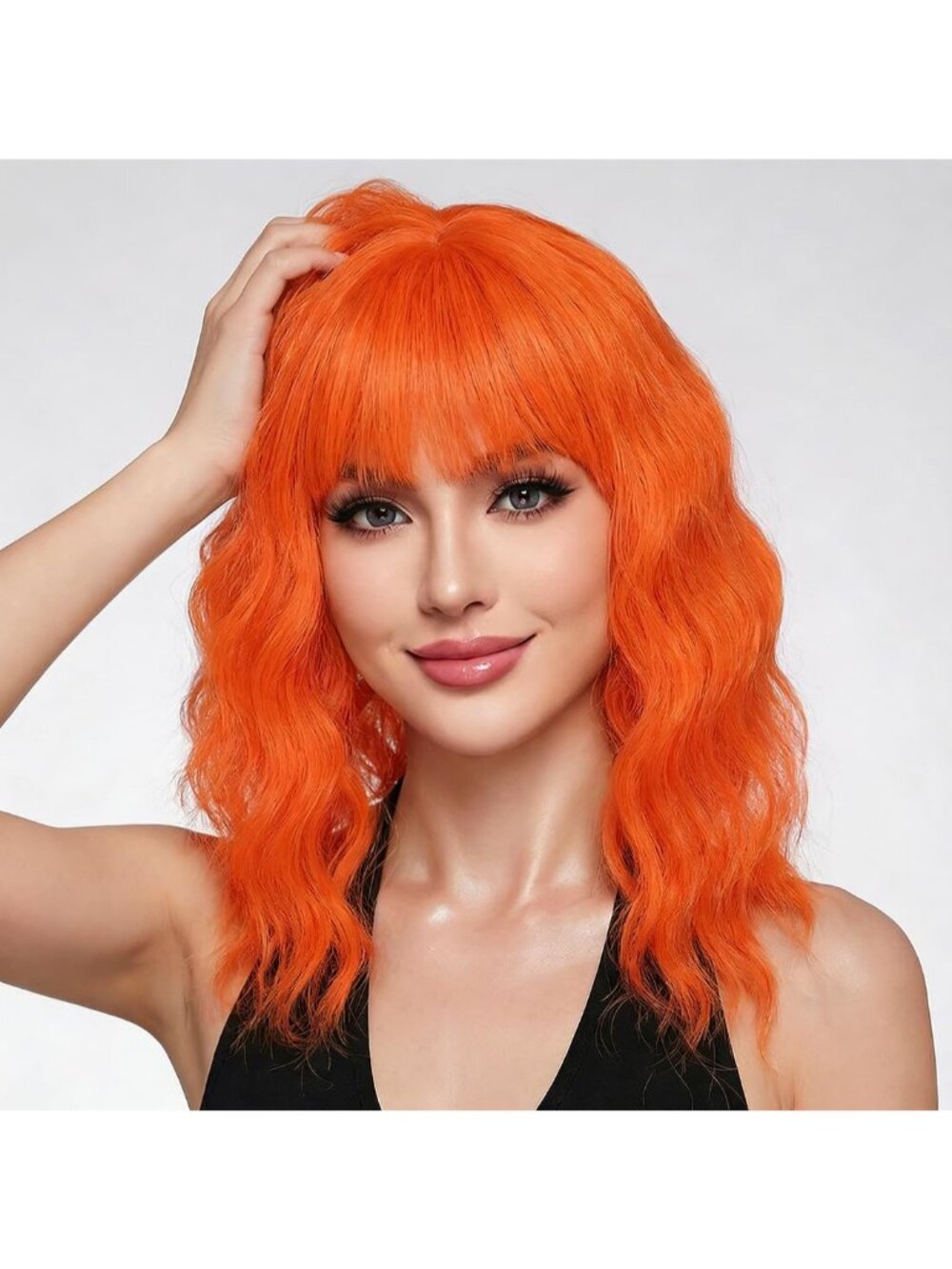 Women's Bright Orange 14 Inch Short Shoulder Length Synthetic Bangs Wavy Bob Wig